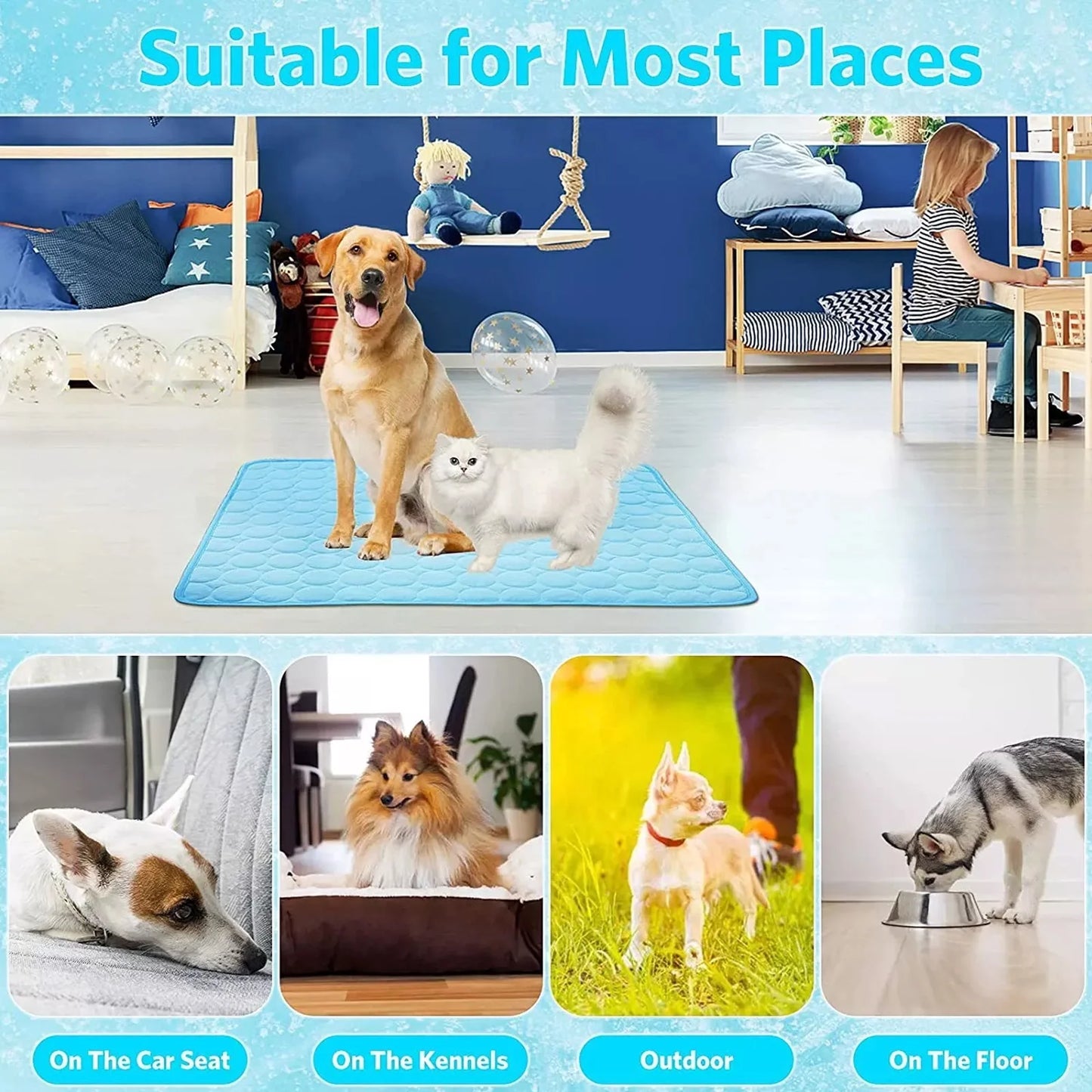 Pet Dog Cooling Mat, Foldable Self Cooling Pad, No Water or Refrigeration Required, Ice Silk Washable Sleeping Kennel Mat for Dog Cat Rabbit and Guinea Pig Cages, Large