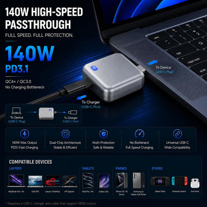 140W Smart Auto Stop Charging Adapter - USB-C Fast Charger with Physical Cut-Off and Automatic Power-Off Timer for Phones, Tablets, and All USB Devices, Preventing Overcharging and Extending Battery Life